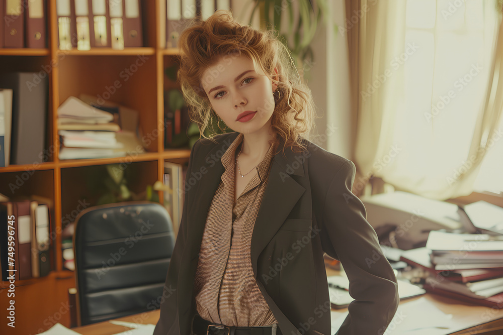 American beautiful woman dressed in business clothes of the 90s, an office worker in the 90s. Nostalgia for 90s California. Office style of the 90s. The photo evokes nostalgia and warm memories. photo American beautiful woman dressed in business clothes of the 90s, an office worker in the 90s. Nostalgia for 90s California. Office style of the 90s. The photo evokes nostalgia and warm memories. photo