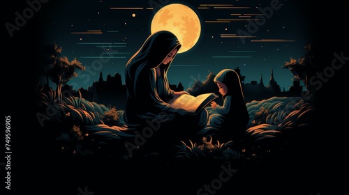 Mother and Child Under Full Moon