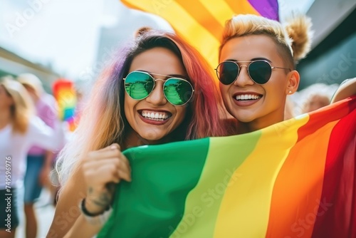 selective focus of smiling lesbian couple holding rainbow flag and looking at camera. LGBT community concept. LGBT Concept with Copy Space. Pride Month Concept.