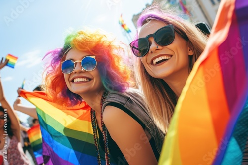 Happy girls with rainbow flags at the gay pride parade. LGBT concept. LGBT community concept. LGBT Concept with Copy Space. Pride Month Concept.