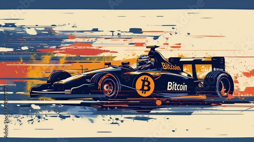 Patrocinio de Bitcoin coche de F1 vista diagonal, a toda velocidad, colores , la tecnología llega a los deportes como equipo descentralizado, inversión financiera halving abril photo