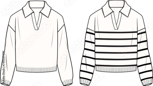 Women's Polo Neck Striped and Solid Jumper. Technical fashion illustration. Front and back, white color. Unisex CAD mock-up.
