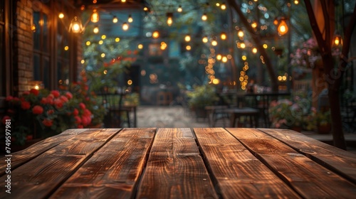 Empty wooden table in front of abstract blurred Christmas light background for product display in a coffee shop