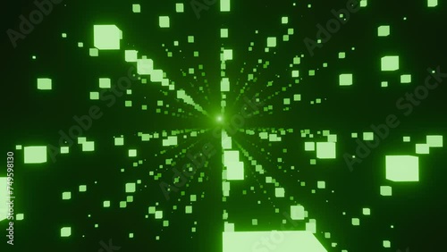 Travel through space among blinking and glowing green cubes - 3D Render