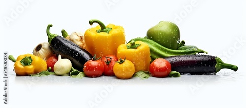 collection of various kinds of fresh fruits and vegetables containing many vitamins and minerals in a splash of clear water on a white background.