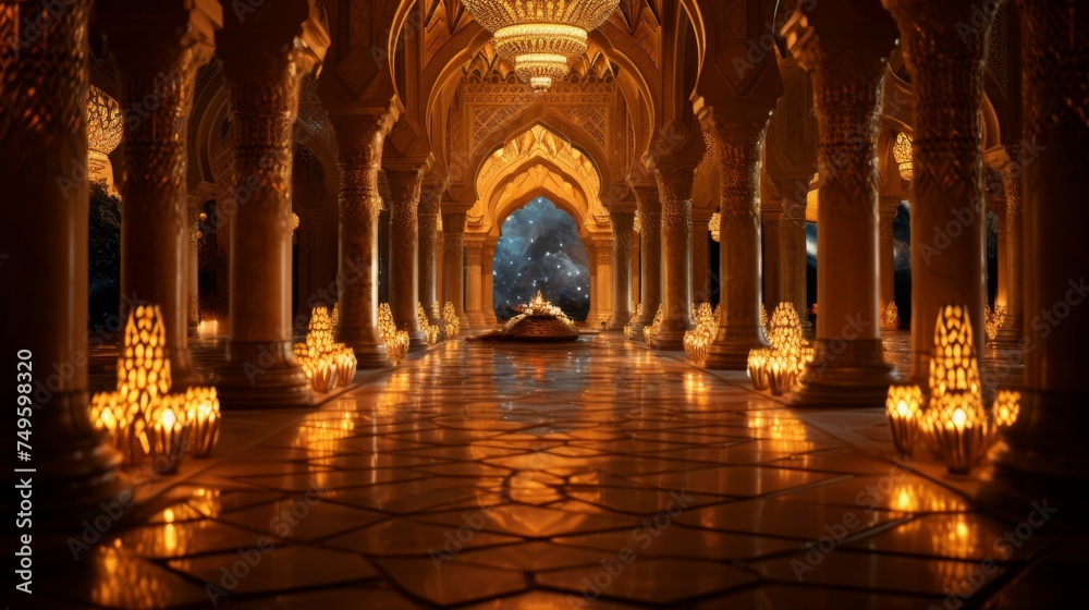 Grand Building Interior With Columns and Lights for Ramadan 2024