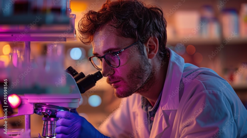 A man in a lab coat carefully examines samples through a microscope in a dimly lit laboratory, focusing on his research. A man in a lab coat carefully examines samples through a microscope in a dimly lit laboratory, focusing on his research.