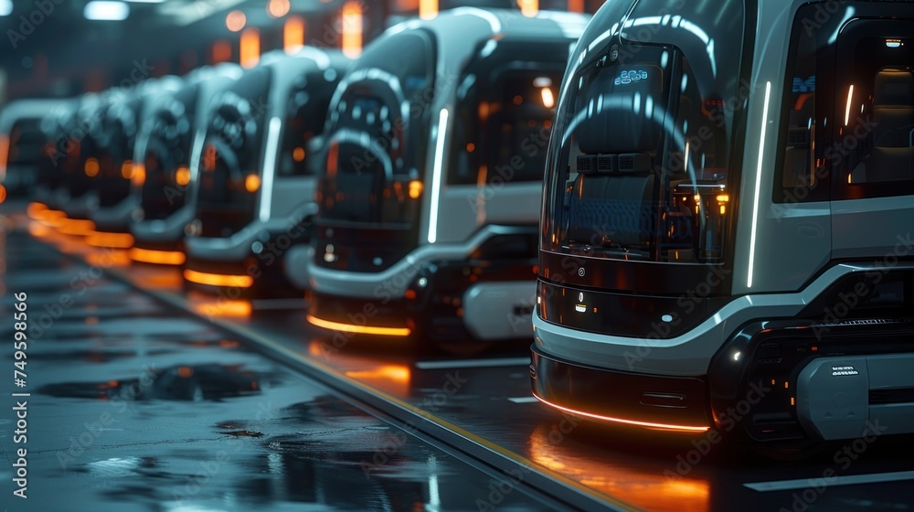 A lineup of autonomous electric vehicles parked on a wet surface, showcasing advanced technology and sustainability. A lineup of autonomous electric vehicles parked on a wet surface, showcasing advanced technology and sustainability.