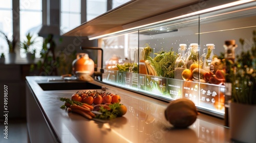 Various fresh vegetables neatly arranged on a sleek kitchen counter in a modern and minimalist kitchen setting.