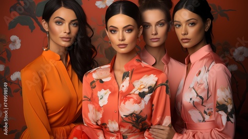 Against a solid coral orange backdrop, a group of gorgeous models exudes charm and sophistication, their ethereal beauty and impeccable styling accentuated by the vibrant color