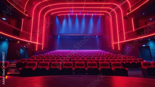 A modern sterile theater illuminated by red and blue lights, empty and awaiting an audience for a performance.