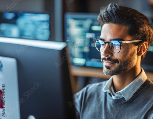 Male tech expert engrossed in a bustling workplace. Colleagues are collaborating in the background. Natural lighting and modern office decor. photo