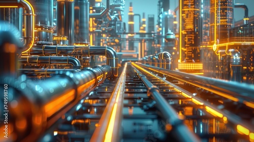 A futuristic cityscape dominated by a complex network of pipes, showcasing advanced industrial infrastructure and technology.
