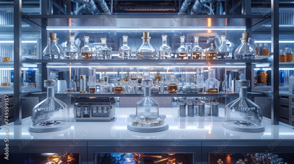 Obraz premium A shelf is filled with various bottles and beakers, showcasing a collection of scientific equipment and futuristic machines.