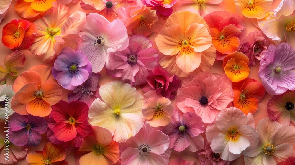 Various vibrant flowers in all colors creating a kaleidoscopic display on a wall.