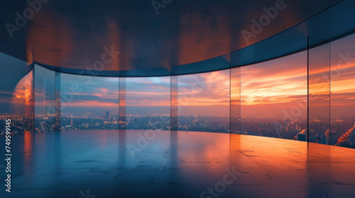 A minimalist and elegant workspace with a view of a city skyline during a vibrant sunset.