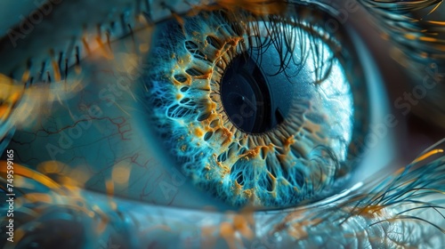 Macro shot of a detailed blue human eye with intricate patterns and reflections.