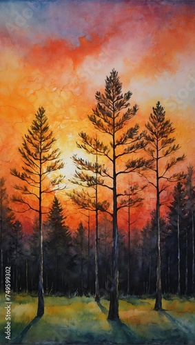 Abstract painting using oil pastels and watercolors, Orange sunset over pine forests