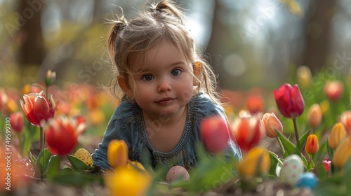 Little Girl Playing in Grass With Flowers