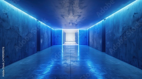 A sleek and modern hallway with a soft blue glow illuminating the space.