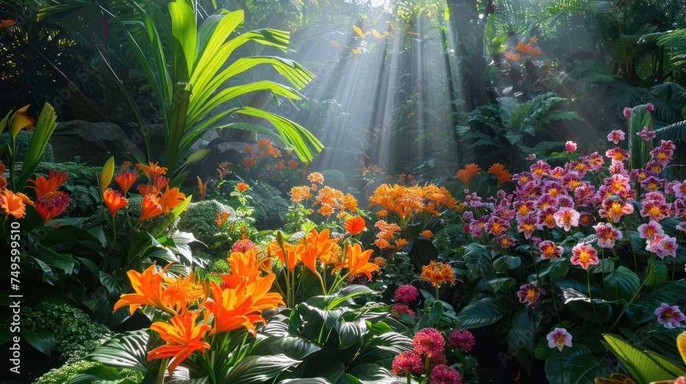 A vibrant garden filled with a variety of colorful flowers in full bloom, creating a stunning display of natures beauty.