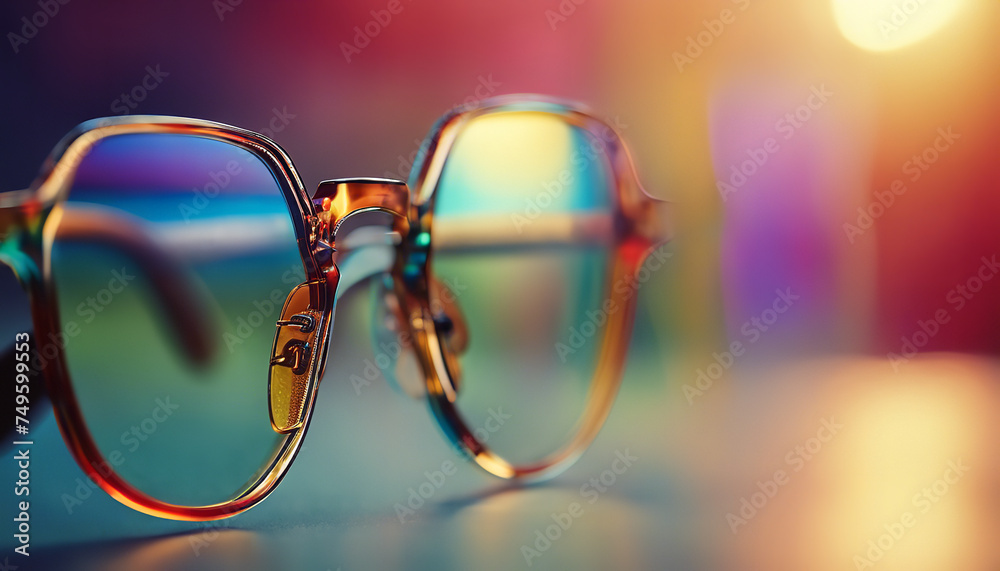Eyeglasses sale concept. Trendy sunglasses background, wears computer glasses for reducing eye strain blurred vision looking at pc screen, blurred Copy space for text. glasses with rounded frames. - obrazy, fototapety, plakaty 