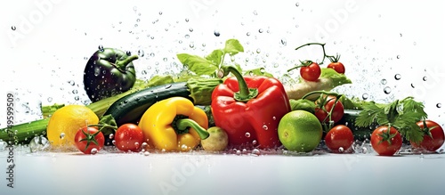 collection of various kinds of fresh fruits and vegetables containing many vitamins and minerals in a splash of clear water on a white background.
