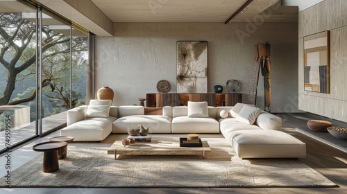 A modern living room featuring sleek, minimalistic furniture highlighted by a spacious white couch as the centerpiece.