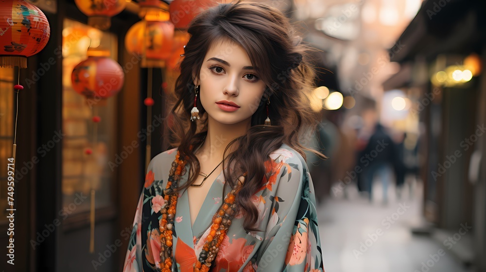 A trendy Japanese model strolling down a picturesque street in Kyoto, adorned in a vibrant ensemble featuring a mix of colors and patterns, and the scene captured by an HD camera