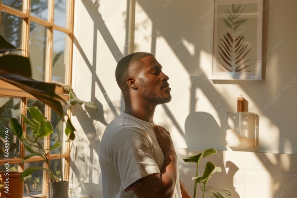 A man is standing in front of a window next to a plant, showcasing a concept of Soft Masculinity and mens self-care.
