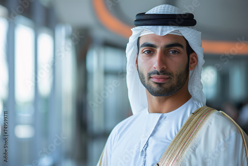 Portrait of Arab businessman dressed in traditional clothes, in an office. Muslim, Arab sheikh. © Chebix
