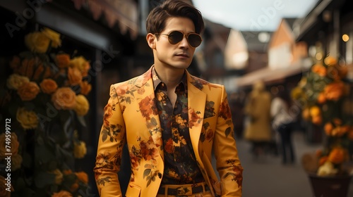 A trendy Japanese model strolling down a quaint street in Kyoto, adorned in a bright yellow suit paired with a vibrant floral shirt, and the scene captured by an HD camera