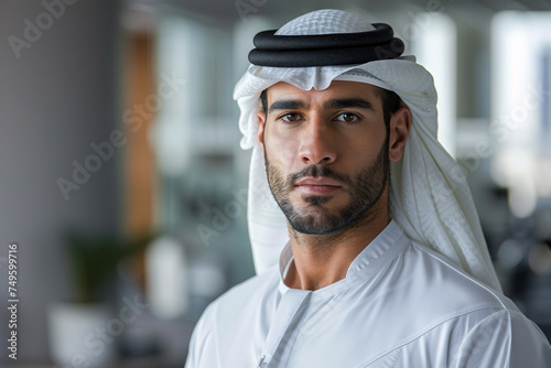 Muslim, Arab Sheikh. Portrait of Arab businessman dressed in traditional clothes, in an office.