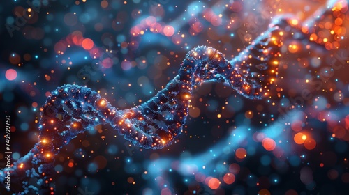Abstract blue and orange DNA molecule technology background
