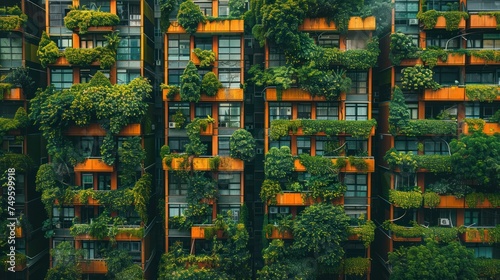 A very tall building is completely covered in an abundance of vibrant green plants, creating a stunning sight of urban nature integration. photo