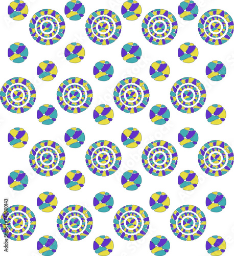 Pattern from circles and multi-colored stones, geometric ornament, geometric decor from purple, turquoise, and yellow stones. Round image of flat figures.