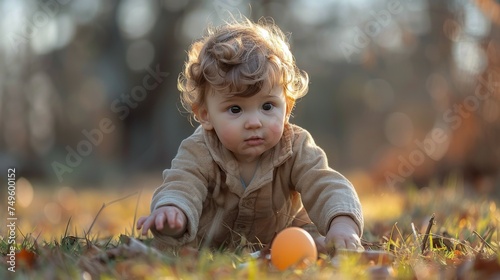 Young Child Playing With Orange in Grass