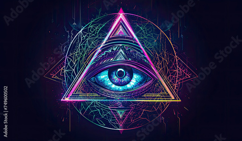 All-seeing eye. Eye pyramid masonic symbol in neon style. photo