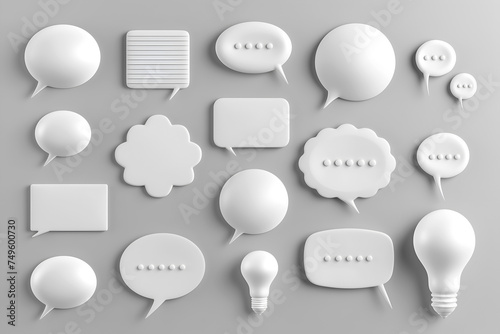 Set of white speech bubbles on grey background. White speech bubbles variety. Creative conversation clouds with various shapes. Paper speech bubbles set for communication themes
