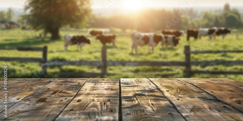 wooden table against the background of cows in the pasture Generative AI