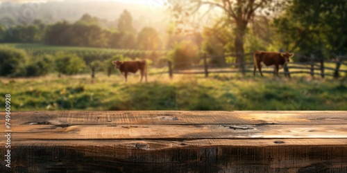 wooden table against the background of cows in the pasture Generative AI