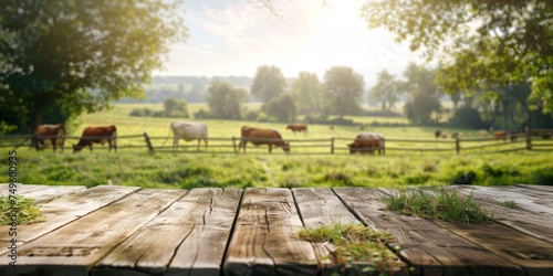 wooden table against the background of cows in the pasture Generative AI