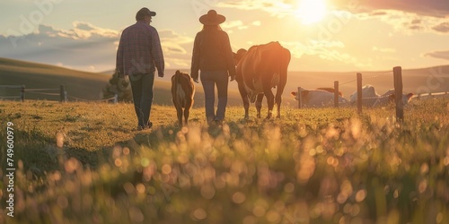 farmers in cow pasture Generative AI photo
