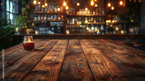 Empty wooden table in front of abstract blurred Christmas light background for product display in a coffee shop