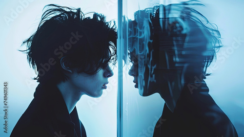 A shadowy figure faces their reflection on a glass pane, creating an ethereal double exposure effect, hinting at themes of introspection or duality photo