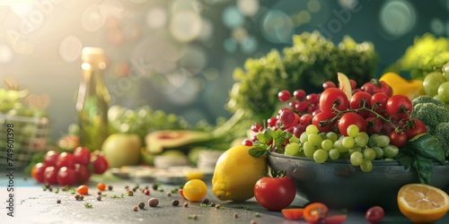 assorted fruits and vegetables on the table Generative AI © Evghenii