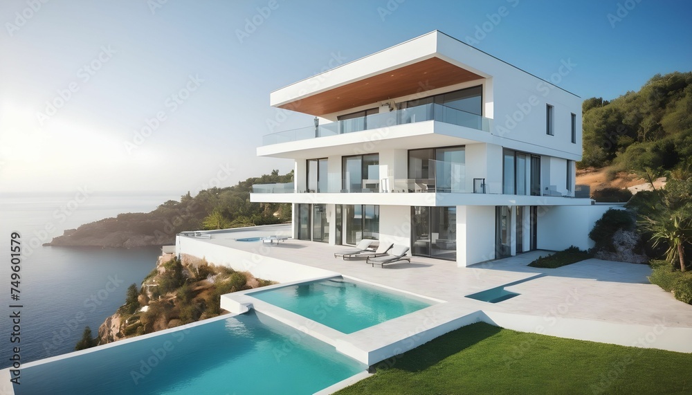 Luxury villa with a swimming pool, white modern house, beautiful sea view landscape, coast created with generative ai	
