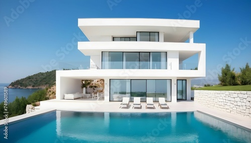 Luxury villa with a swimming pool, white modern house, beautiful sea view landscape, coast created with generative ai   © cd