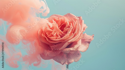 A pink flower releasing tendrils of smoke into the air. Pink rose flower with pastel ink. Creative abstract spring nature. Summer bloom concept