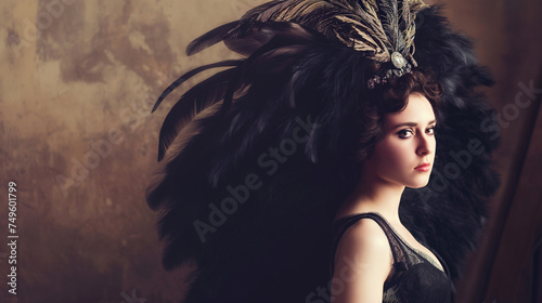  beautiful European woman with big feather fans